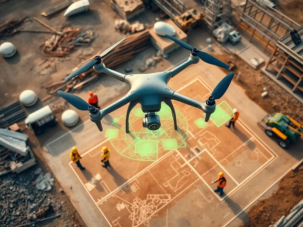 A drone using LiDAR technology to create a detailed 3D map of a construction site, capturing precise measurements and topographical data.