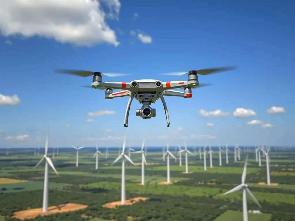 A drone inspecting a wind turbine, capturing high-resolution images of the blades and structure to identify potential damage or wear.