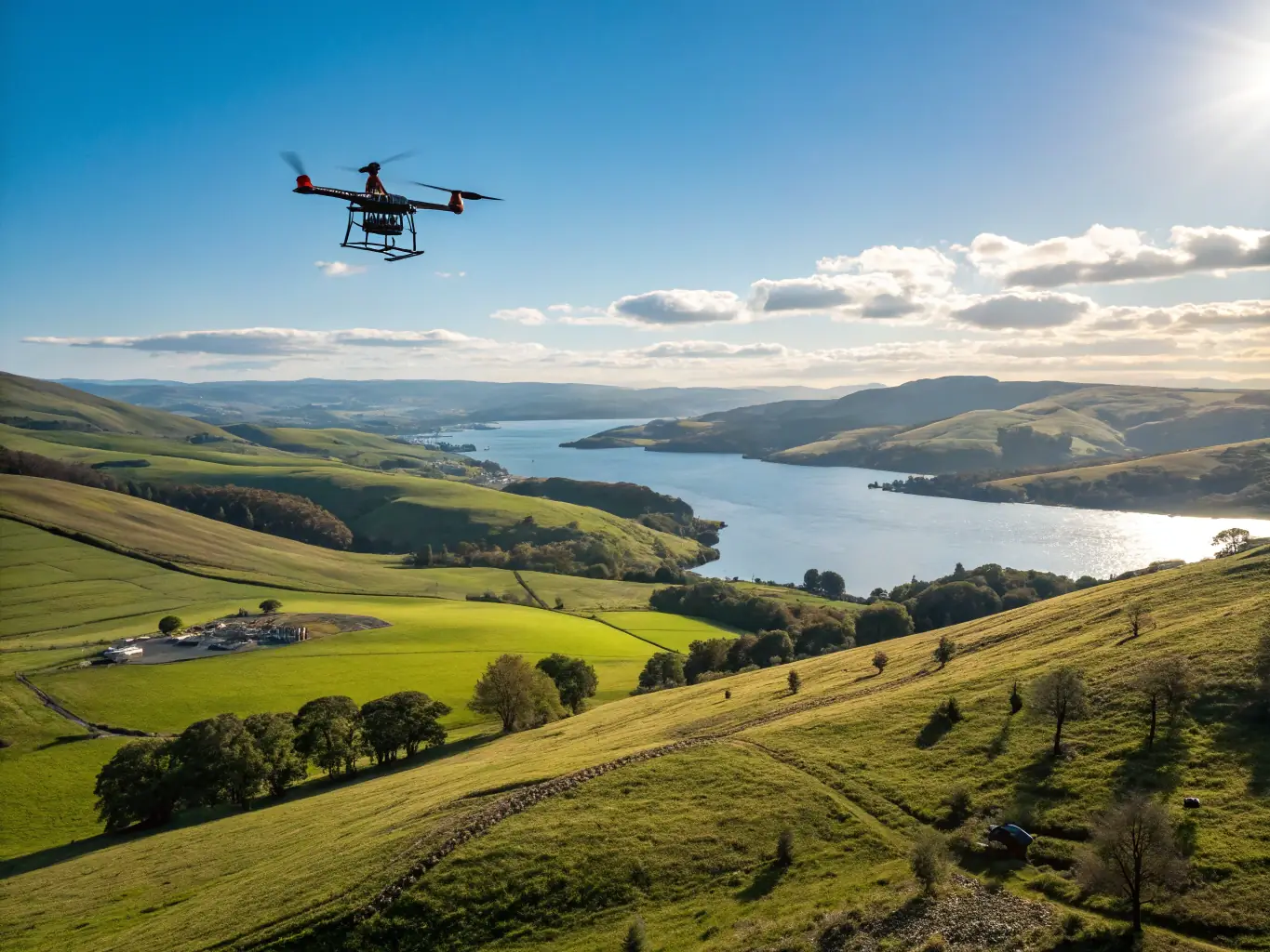A drone equipped with a high-resolution camera capturing aerial footage of a coastal property, showcasing its features and surroundings.